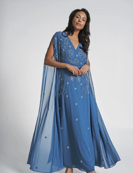 Blue embroidered midi party dress with flowing cape sleeves