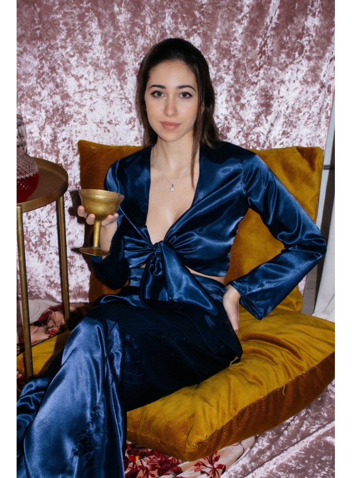 Navy blue satin blouse with knotted neckline...