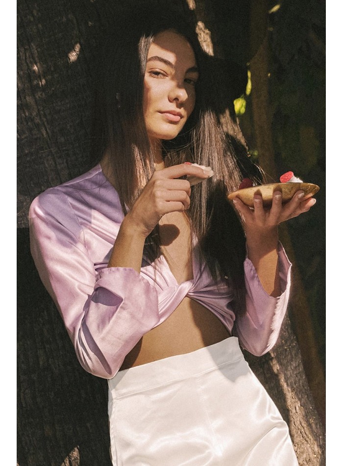 Lilac satin blouse with knotted neckline and...