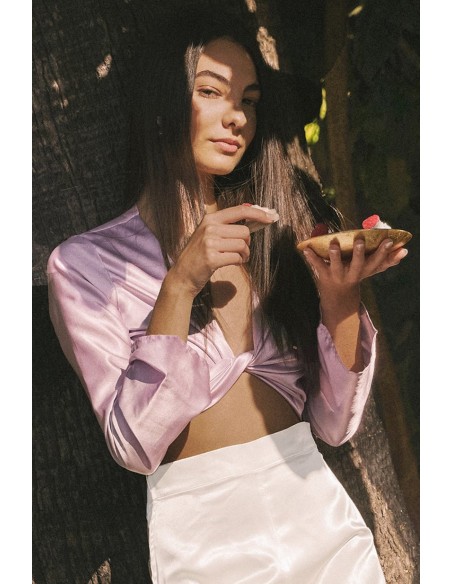 Lilac satin blouse with knotted neckline and long sleeves