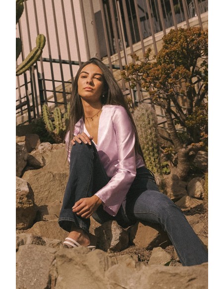 Lilac satin blouse with knotted neckline and long sleeves