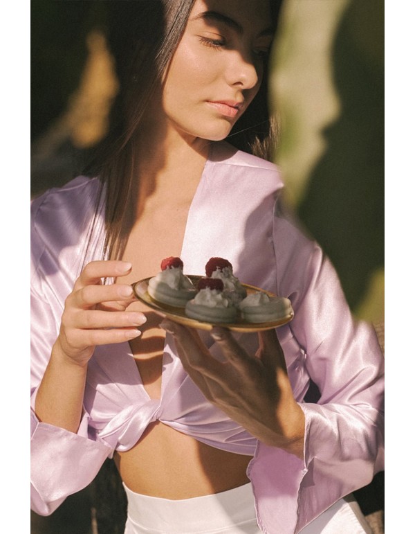 Lilac satin blouse with knotted neckline and long sleeves