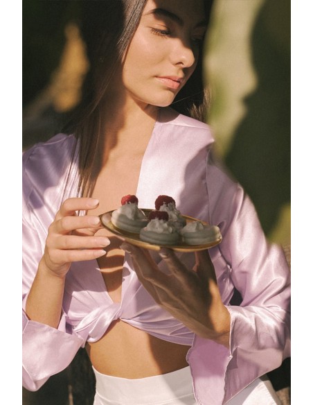 Lilac satin blouse with knotted neckline and long sleeves