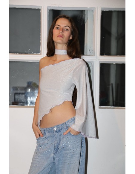 Silver party top with glitter and asymmetrical neckline