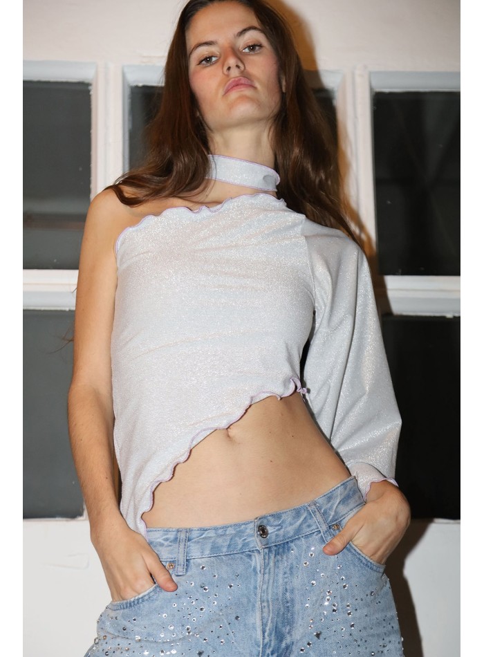 Silver party top with glitter and asymmetrical...