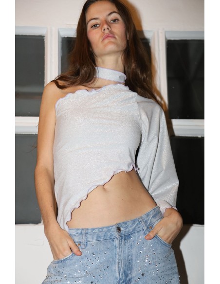 Silver party top with glitter and asymmetrical neckline