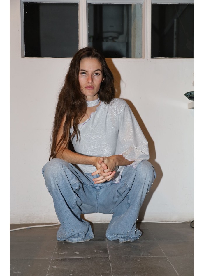 Silver party top with glitter and asymmetrical...