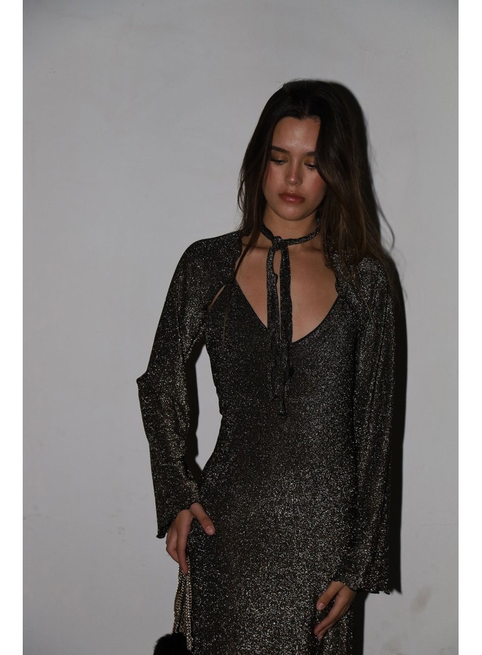 Vestido de fiesta largo dorado con brillo y...