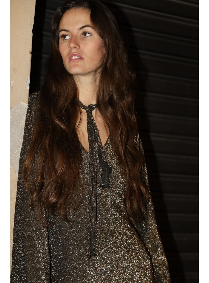 Robe longue de fête dorée avec paillettes et...