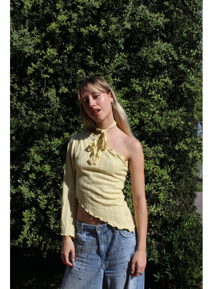 Yellow party top with asymmetric neckline and...