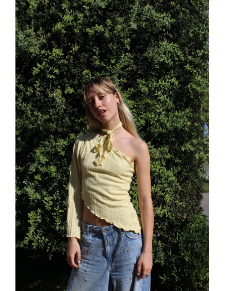 Yellow party top with asymmetric neckline and long sleeves