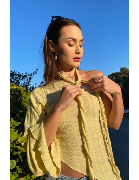 Yellow party top with asymmetric neckline and long sleeves