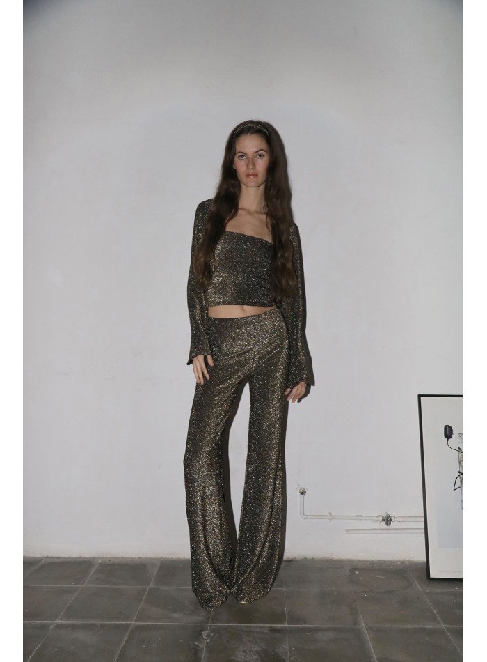 Gold glitter strapless party top with gold glitter