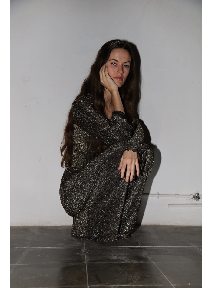 Flared long party trousers with golden glitter