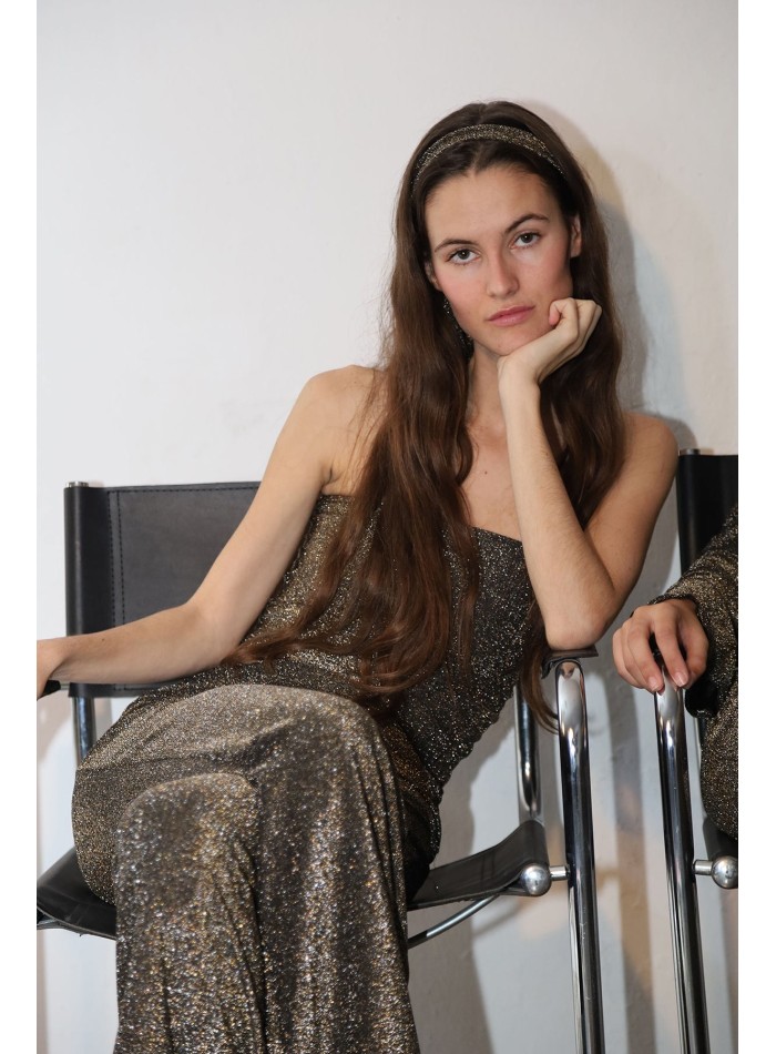 Flared long party trousers with golden glitter