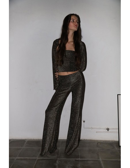Flared long party trousers with golden glitter