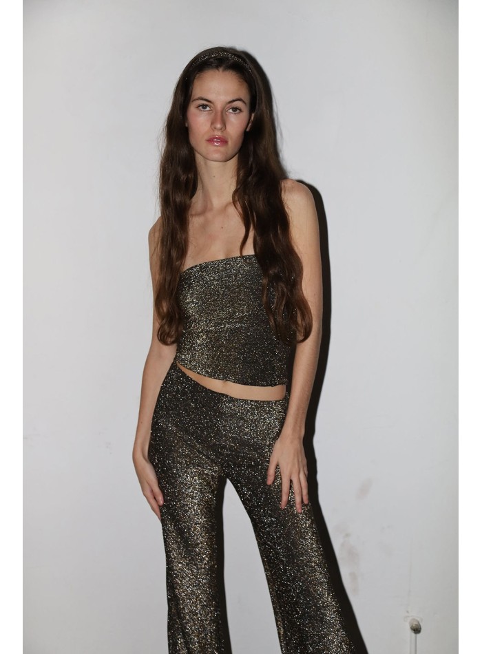 Flared long party trousers with golden glitter
