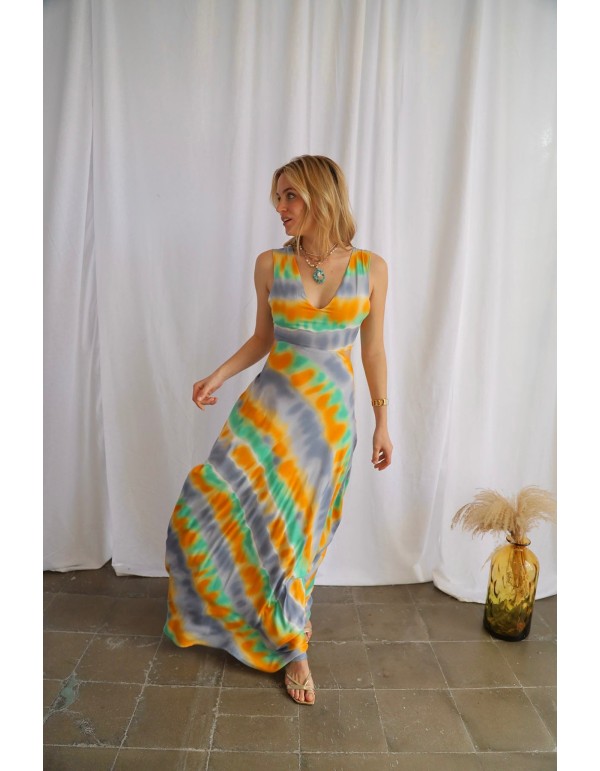 Multicoloured long party dress with neckline and back...