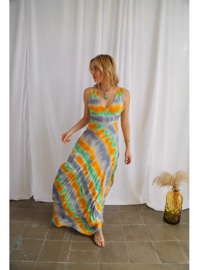 Vestido largo de fiesta multicolor con escote y anudado espalda