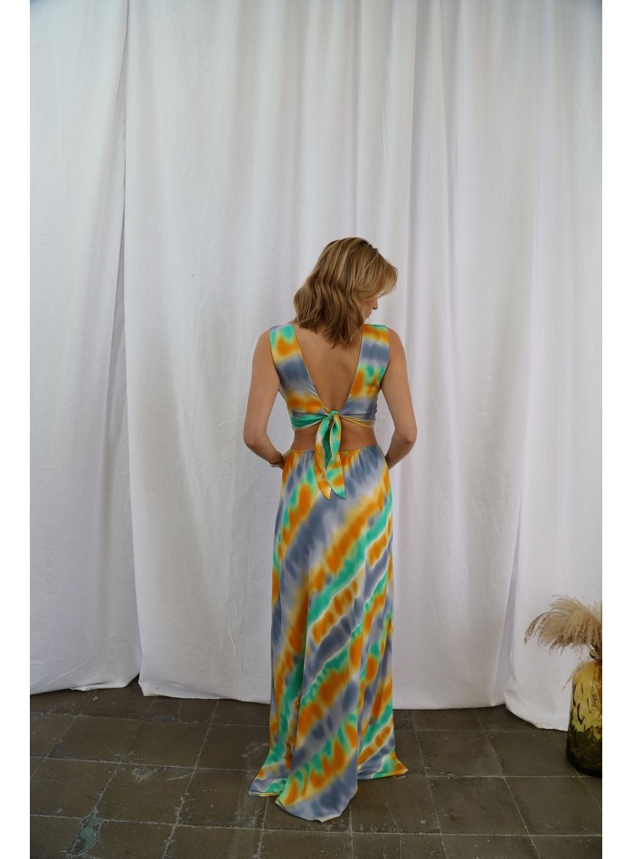 Multicoloured long party dress with neckline...