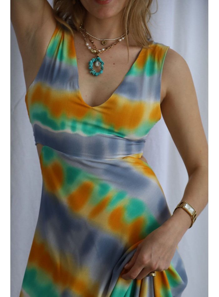 Multicoloured long party dress with neckline...