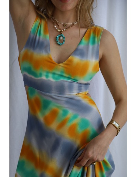 Vestido largo de fiesta multicolor con escote y anudado espalda