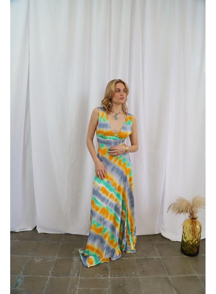 Multicoloured long party dress with neckline...