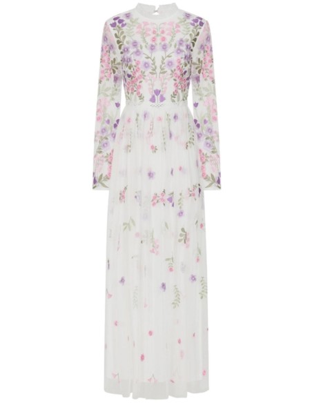 Vestido largo blanco de tul bordado de florecitas