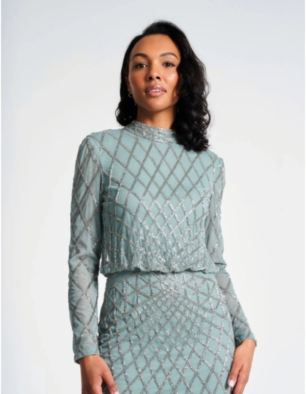 Robe de cocktail vert sauge avec sequins 2