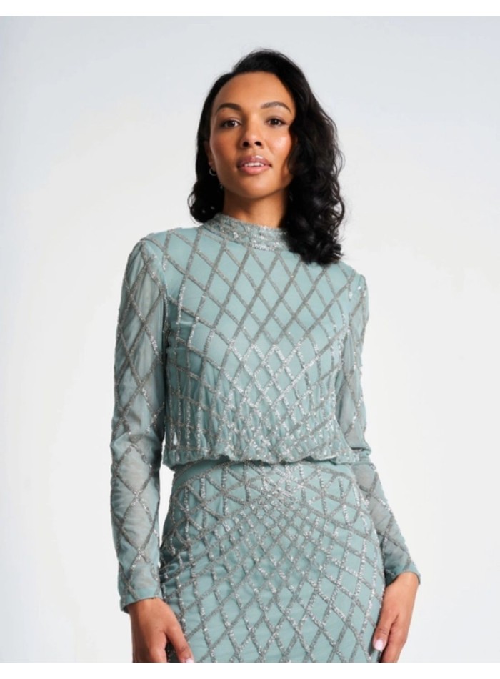 Robe de cocktail vert sauge avec sequins