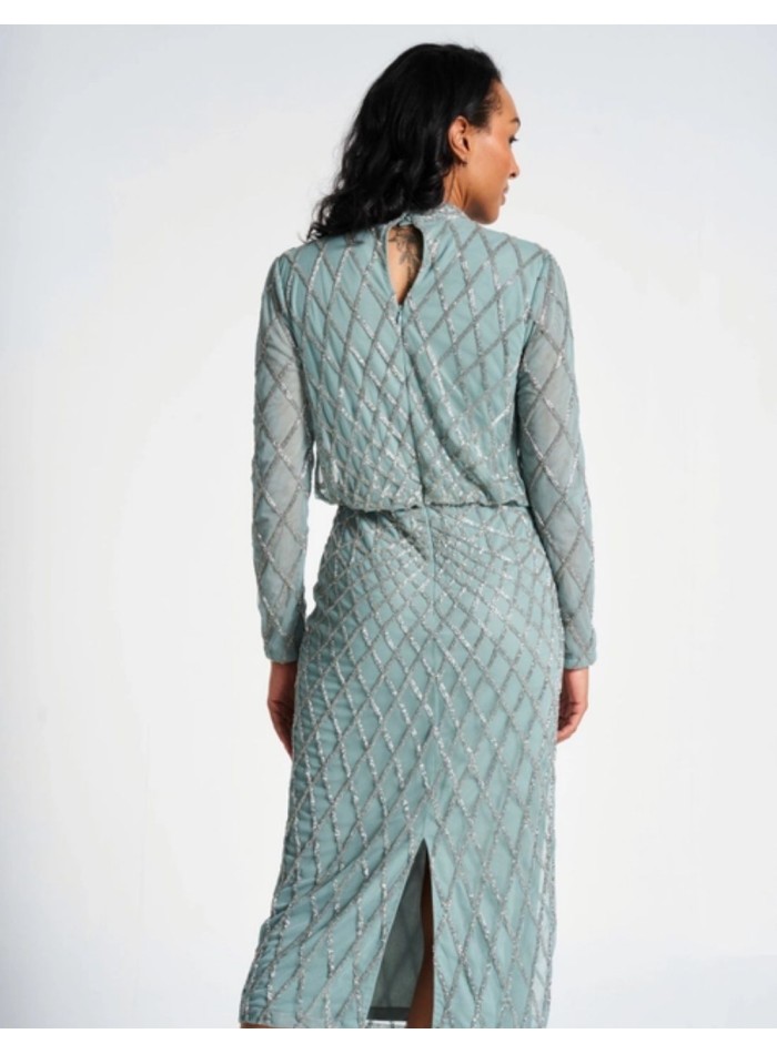 Robe de cocktail vert sauge avec sequins