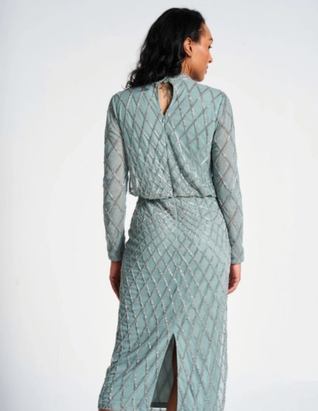 Robe de cocktail vert sauge avec sequins