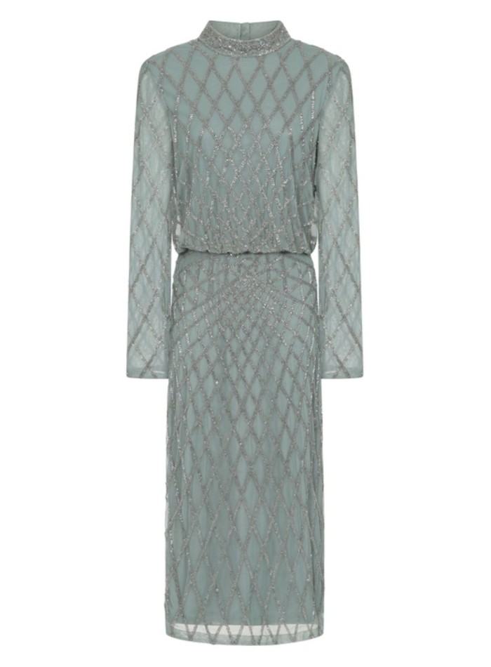 Robe de cocktail vert sauge avec sequins