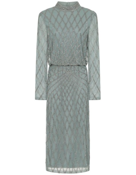 Vestido cóctel de fiesta verde salvia con lentejuelas