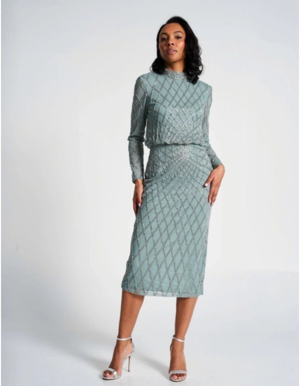 Vestido cóctel de fiesta verde salvia con lentejuelas