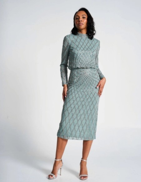 Robe de cocktail vert sauge avec sequins