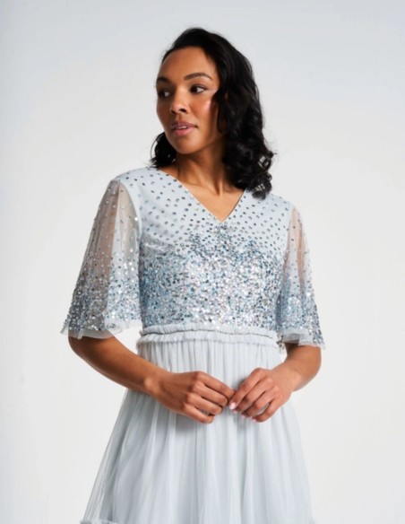 Éter blue cocktail party dress with sequined embroidered tulle
