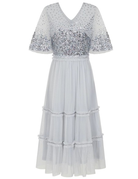 Éter blue cocktail party dress with sequined embroidered tulle