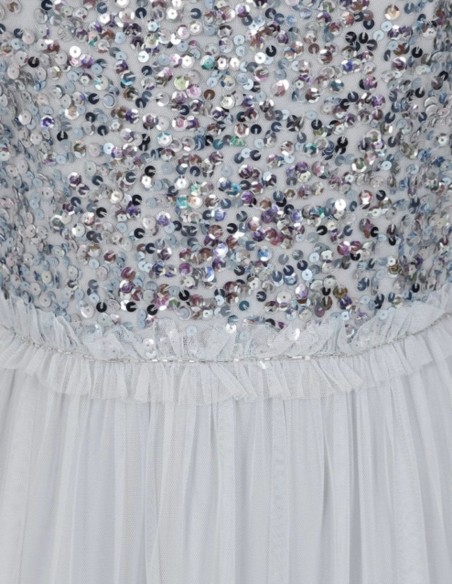 Vestido cóctel de fiesta azul con tul bordado de lentejuelas