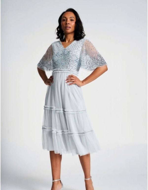 Éter blue cocktail party dress with sequined embroidered...