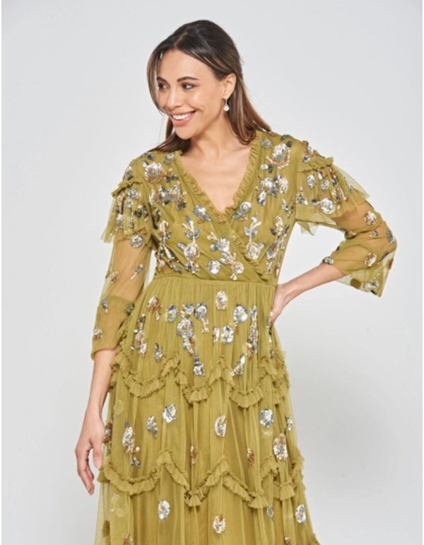 Robe de soirée midi avec volants et sequins ocre 2