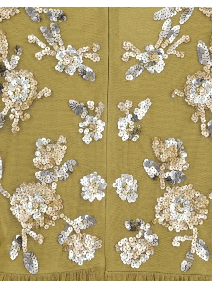 Robe de soirée midi avec volants et sequins ocre