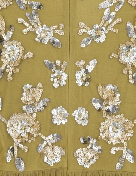 Midi party dress with ruffles and ochre sequins