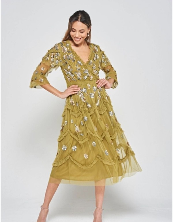 Midi party dress with ruffles and ochre sequins