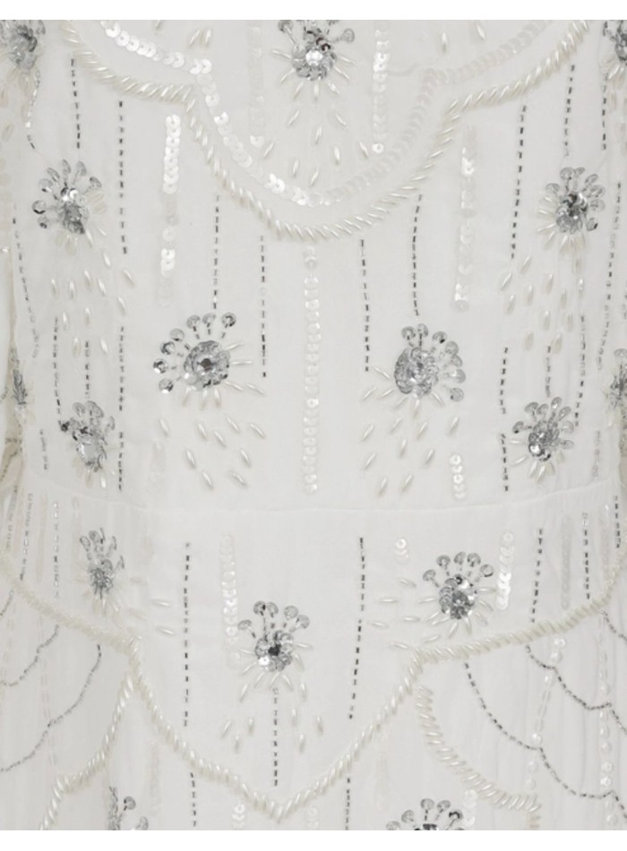 White wedding dress with raised sleeves and...