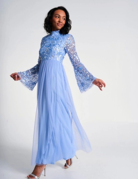 Robe longue de fête à manches longues brodée de sequins bleus