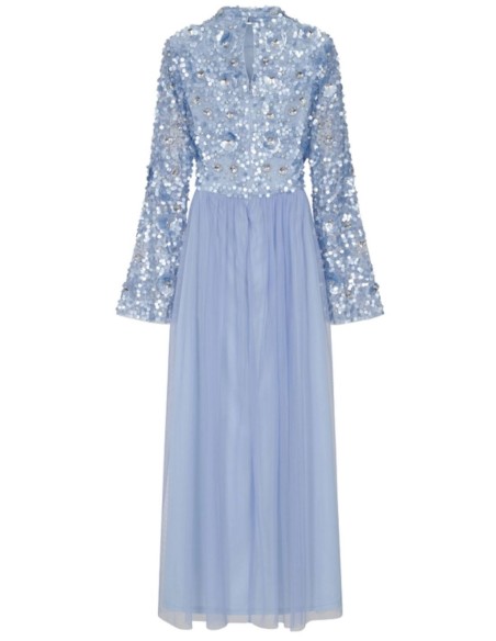 Long party dress with long sleeves embroidered with blue sequins