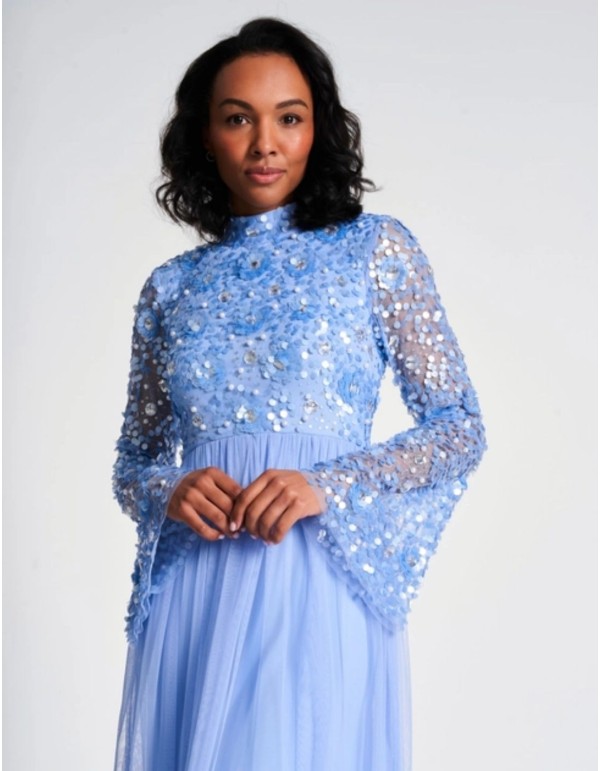 Long party dress with long sleeves embroidered with blue...