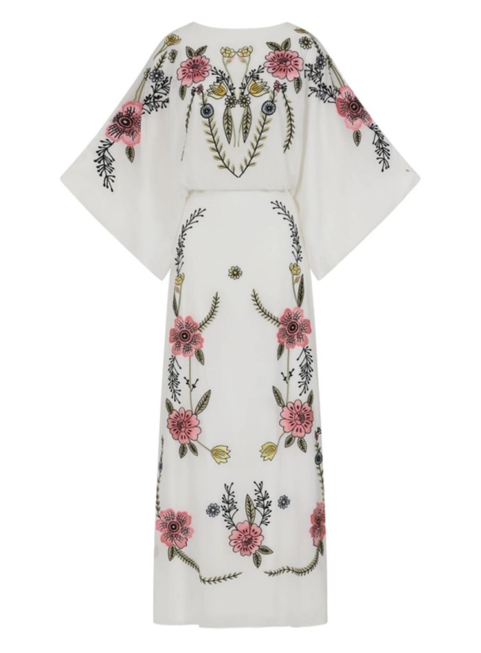 Longue robe tunique brodée de fleurs au dos noué