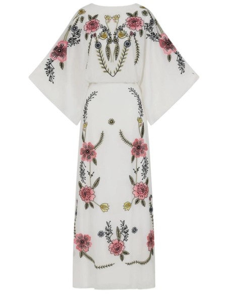 Longue robe tunique brodée de fleurs au dos noué
